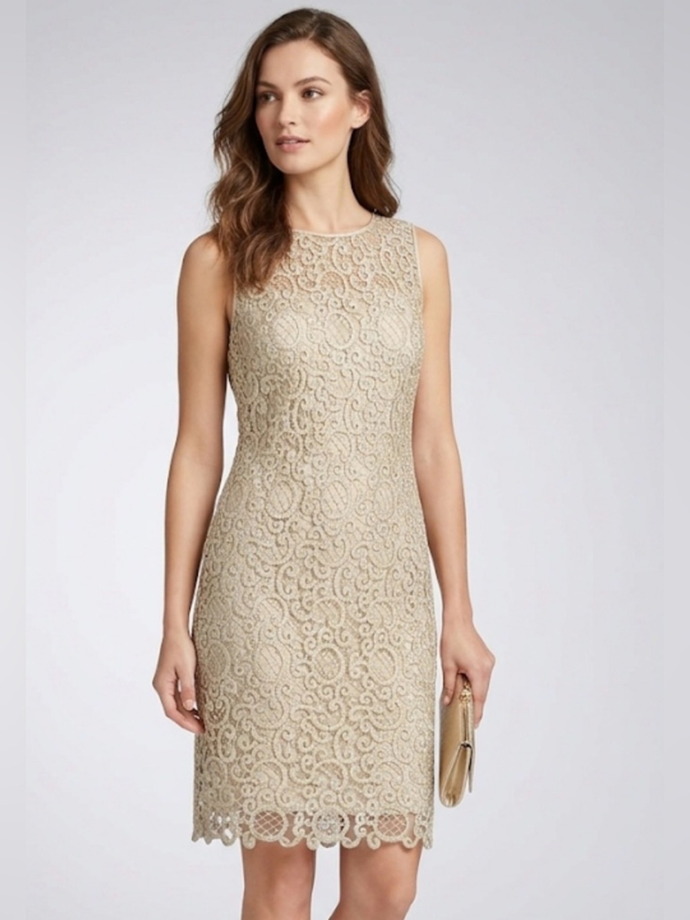 Lauren Ralph Lauren Metallic Champagne Lace Cocktail Sleeveless Dress Size 12